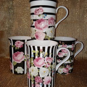 NEW Set of 4 STECHOL GRACIE BONE CHINA 10 oz. Mugs BLACK/WHITE STRIPES & ROSES